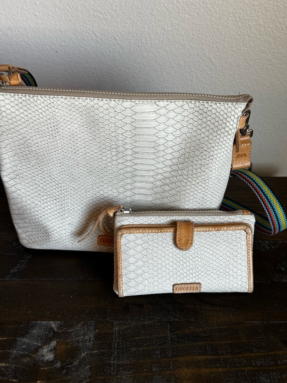 Consuela - White Textured Crossbody Bag and Wallet Set with Tan Trim